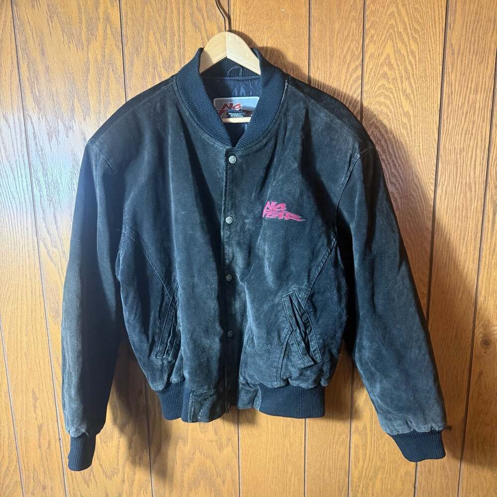 Vintage No Fear Black Suede Leather Bomber Jacket Size M